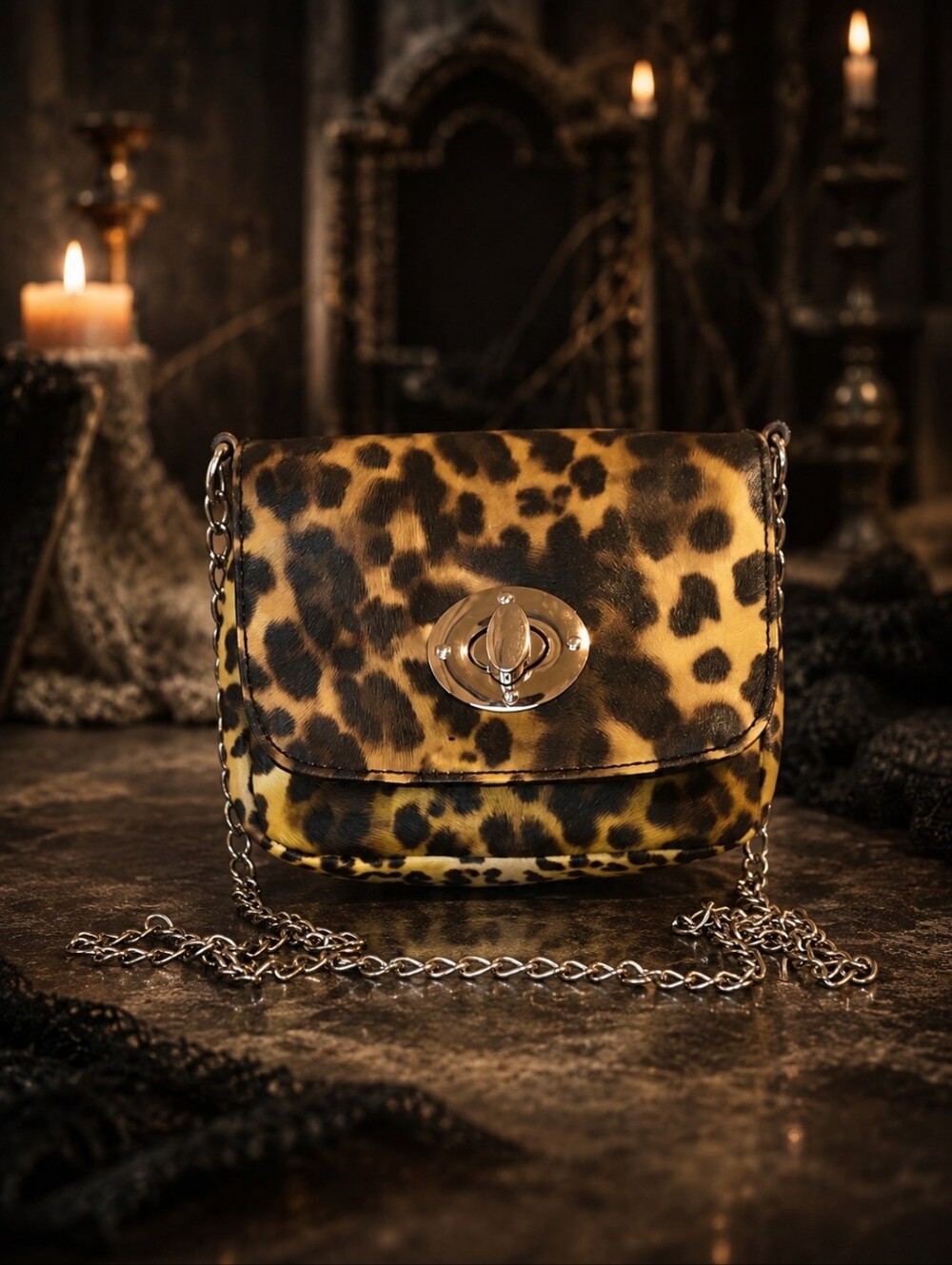 🕯Chateau Leopard Print Mini Crossbody Bag Chain Strap Y2K Turn Lock Purse